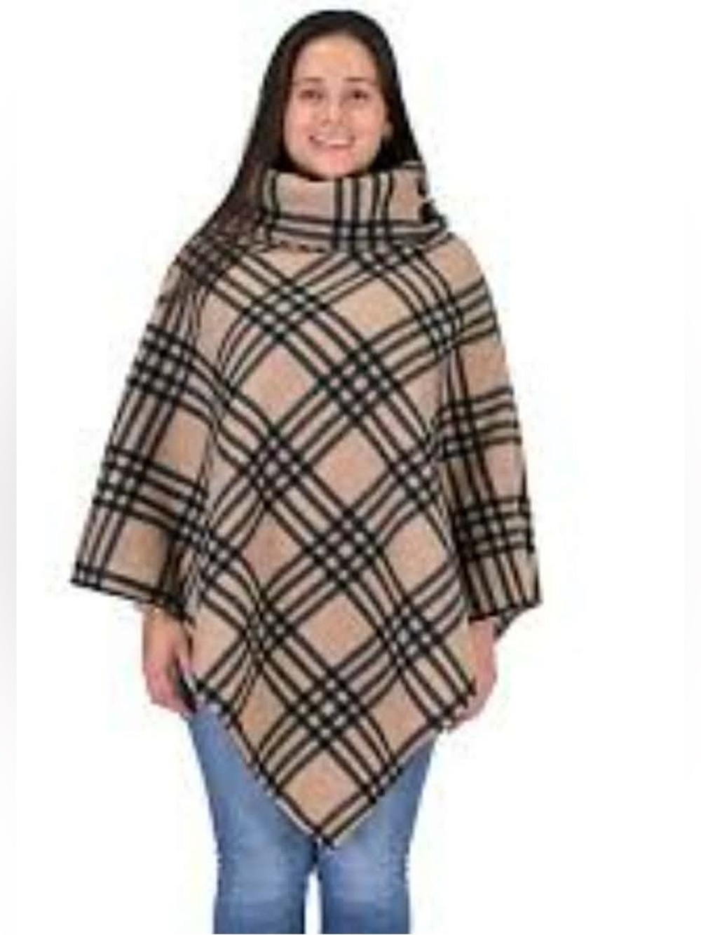Le Moda Cozy Plaid Cowl-Neck Poncho Sweater - Beige & Black